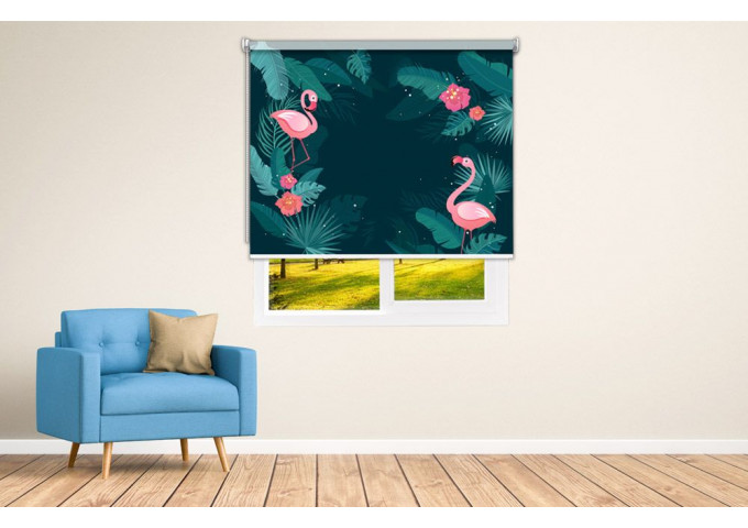 Store enrouleur occultant sur mesure flamant rose fond vert