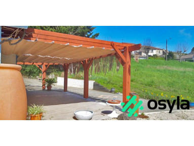 Pergola coulissante Mexico fixation de mur à mur avec toile rétractable et lambrequin