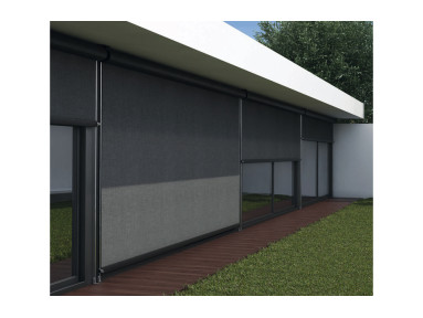 Store extérieur vertical avec coffre toile Serge Ferrari Soltis 92 et câbles inox 3mm