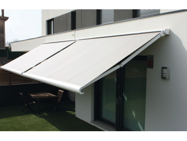 Store banne coffre Olinda à bras invisibles toile micro-perforée PVC Sunworker Dickson avec lambrequin