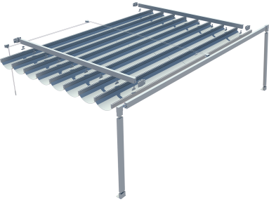 Pergola coulissante Mexico fixation de mur à piliers avec toile micro-perforée Soltis Guide classique