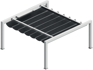 Pergola coulissante Mexico fixation de mur à mur avec toile PVC micro-perforée Soltis rétractable et lambrequin