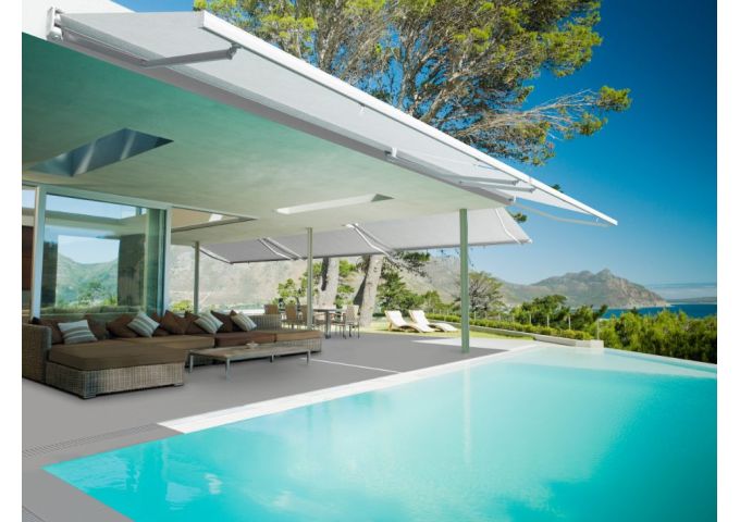 Store banne sur-mesure jusqu'à 6 x 3,50m, Iguacu toile PVC micro-perforée Sunworker