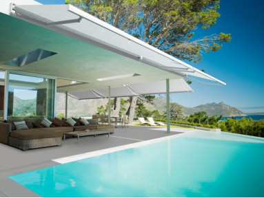 Store banne sur-mesure jusqu'à 6 x 3,50m, Iguacu toile PVC micro-perforée Soltis 96