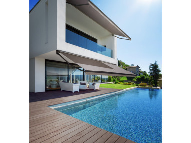 Store banne sur-mesure jusqu'à 6 x 3,50m, Iguacu toile PVC micro-perforée Soltis 96