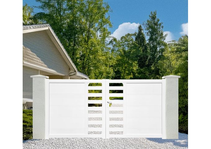 Portail Lignéo battant 2 vantaux PVC avec cadre alu intégré